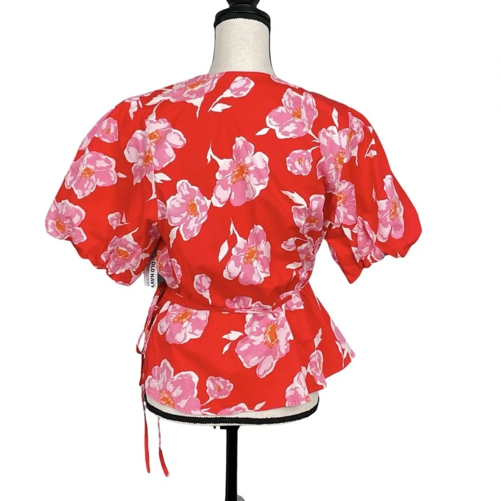 Old Navy Red Floral Puff Sleeve Wrap Top Womens XL Cottagecore Romantic Tropical